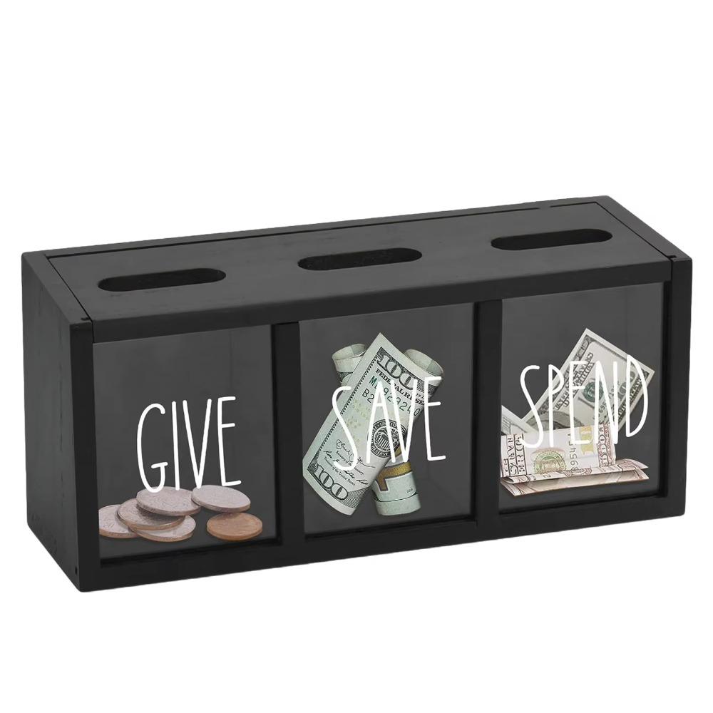 

3 Compartments Wooden Money Saving Box Clearly Visualized Money Container Children