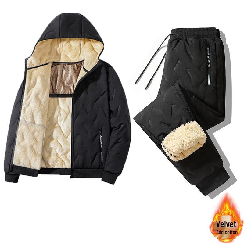 Men's Lambswool Winter Hooded Jacket and Cotton Pants Set - Plus Velvet, Thick, and Large Size.