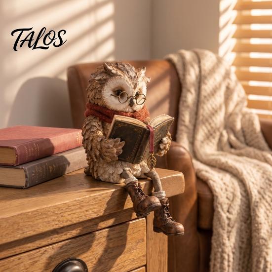 Retro Owl Figurine Vintage Reading Figurine, Holding Book Shelf Sitter, Round Glasses Desktop Statue for Bookshelf, Mantel, Home, Office, Gift Reader
