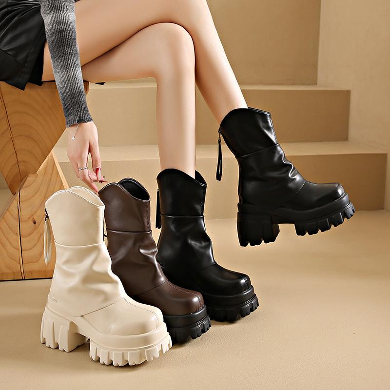 Mode 9 cm Hoher Absatz Plateau Stiefeletten für Damen 2024 Neue Mode Kurzes PU-Leder Boost in Schwarz