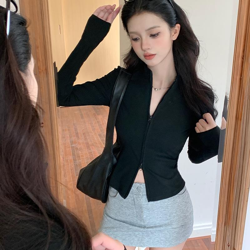 Women's Slimming Double Zipper Knitted Jacket with Stand Collar - Versatile Long Sleeve Cardigan for Spring and Autumn.