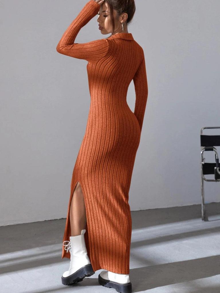 2024 Spring/Summer Women's Ribbed Knit Slim Fit Long Sleeve Lapel Dress