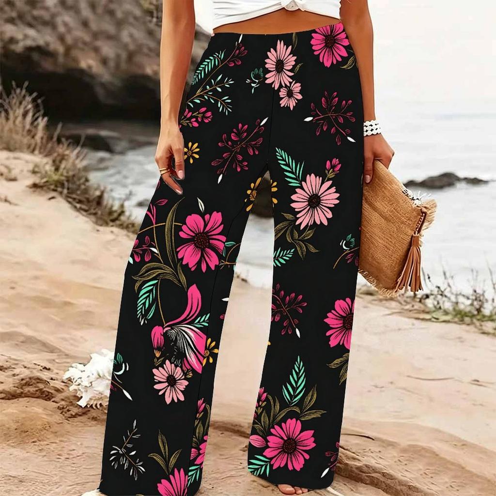 Pantaloni Larghi Estivi da Donna per la Spiaggia Stampa Floreale Vita Alta Elastica Vestibilità Larga Casual da Vacanza Pantaloni Palazzo