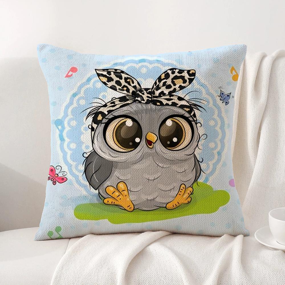 Cute Cartoon Owl Cushion Cover Natural Linen Organic Fabric DoubleSided Printing Sofa Home Decor Breathable Bed Pillow