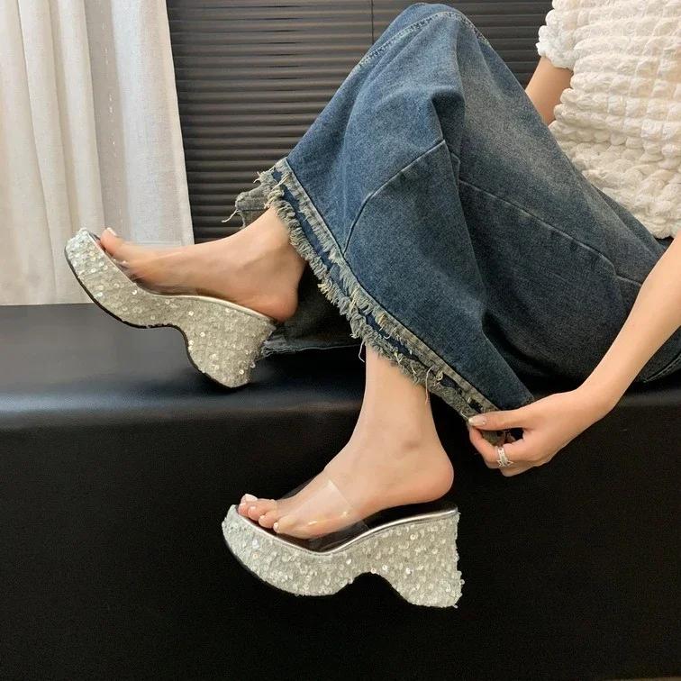 Fashion Slippers Women Summer High-Heeled Shoes Lady Slides Platform On A Wedge Pink Transparent Scandals Pumps Transparent Slippers Wom