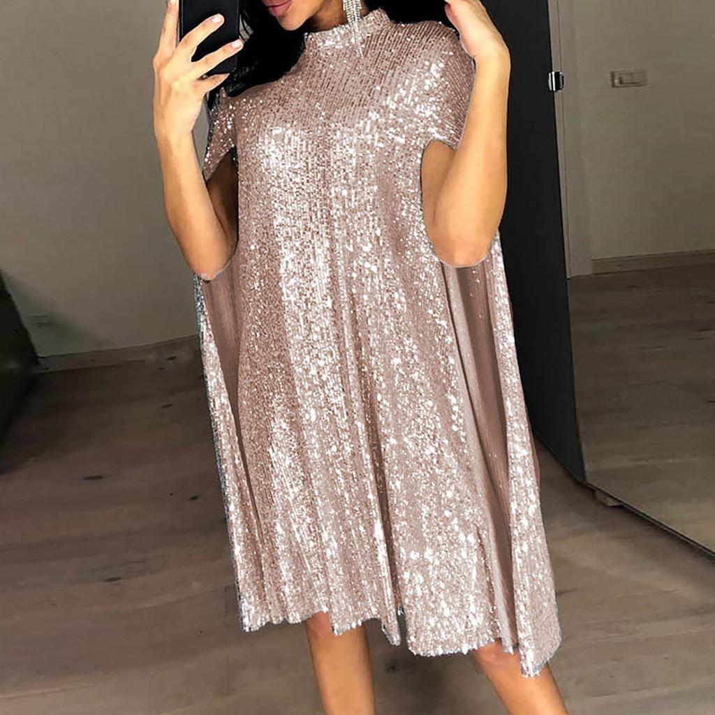 Women's Fashion Sexy Solid Stand Collar Sequin Loose Cloak Sleeve Dress