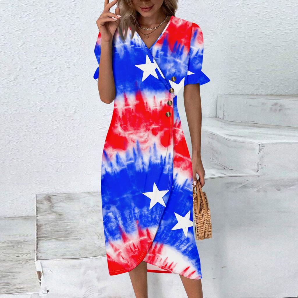 Strandkleider für Damen Frühling Sommer Elegant Wickel V-Ausschnitt Unabhängigkeitstag Print Kleid Fließend Gerafft Hawaiianisches Maxikleid