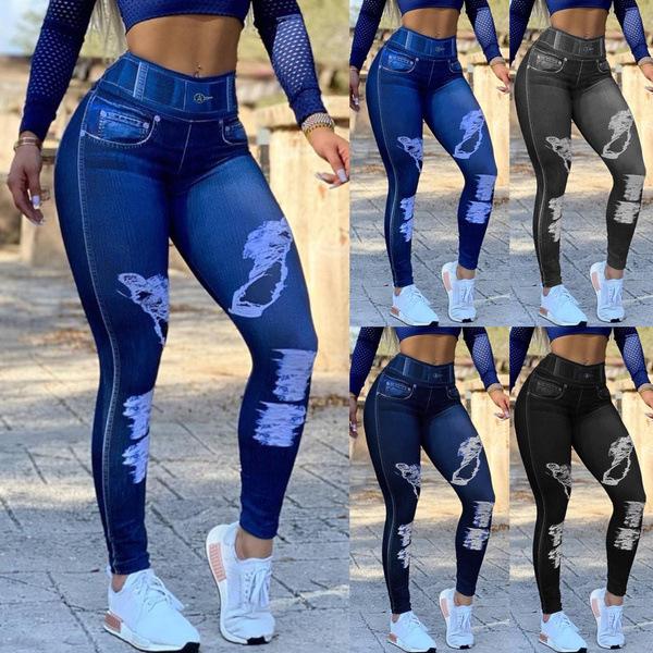 High-Waisted Plus Size Women's Faux Denim Leggings for Fitness & Yoga