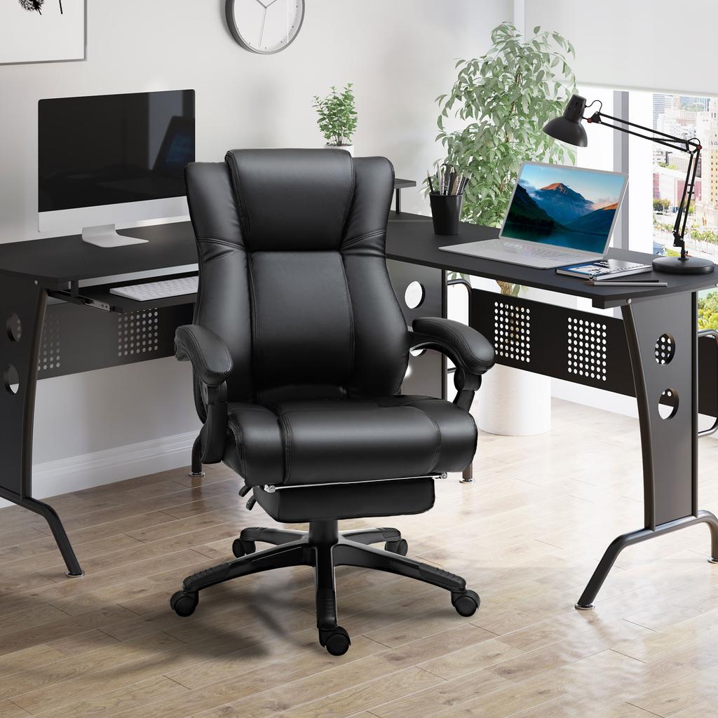 Executive Office Chair for Home, PU Leather Computer Chair, Swivel Desk Chair with Footrest, Wheels, Adjustable Height, Black