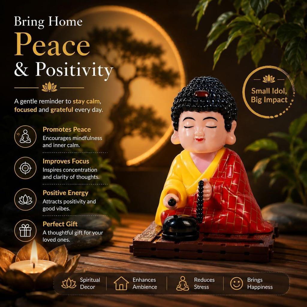 Solar-Powered Moving Head Buddha Monk Statue – Feng Shui Good Fortune Ornament for Car Dashboard, Home and Office