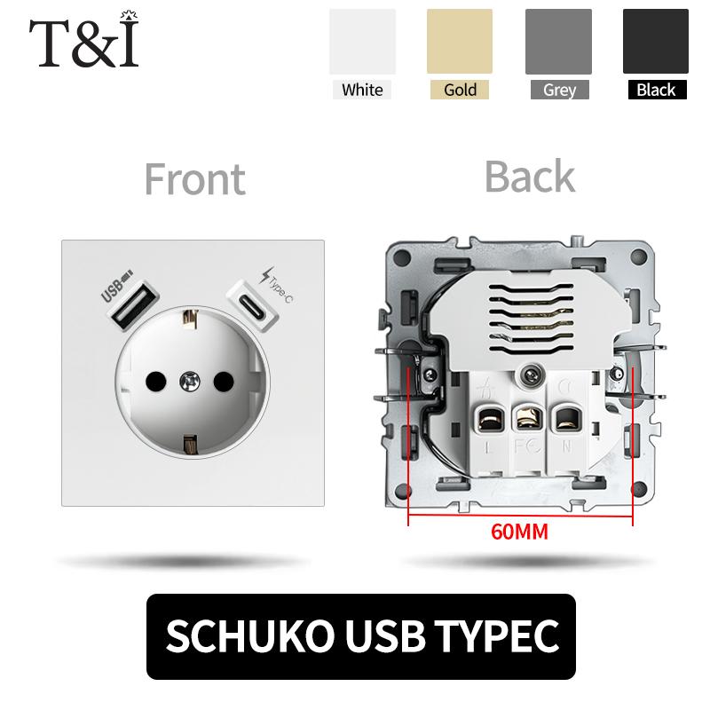 

Європейська розетка Schuko з портами USB та USB-C, 16А, із заземленням, вбудована в стіну – Німеччина Розетка Стандарт Польщі Schuko USB TypeC&EU сірий
