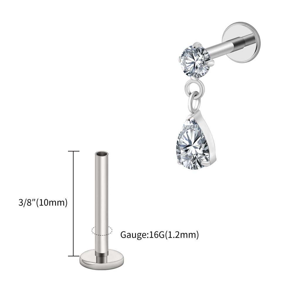 Right Grand ASTM F136 Titanium 16G Teardrop Dangle CZ Labret Stud Waterdrop Tragus Cartilage Earring Flatback Helix Piercing