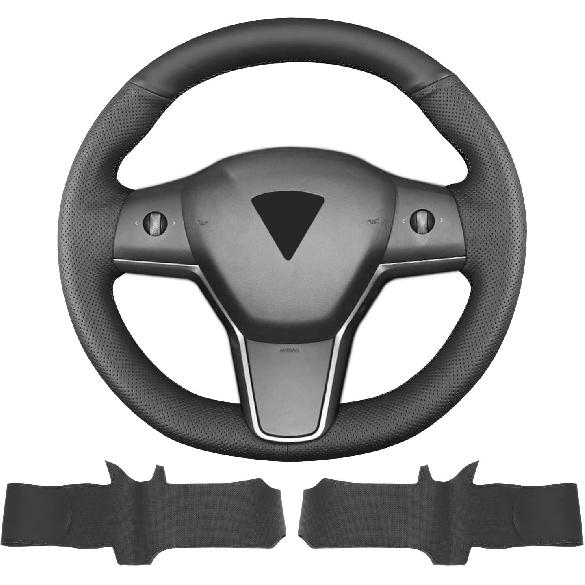 Hand Sewn Steering Wheel Cover,Fit for Tesla Model 3 2017-2023/Model Y 2020-2023,Non-Slip Breathable Microfiber Leather Steering Wheel Cover On Wrap