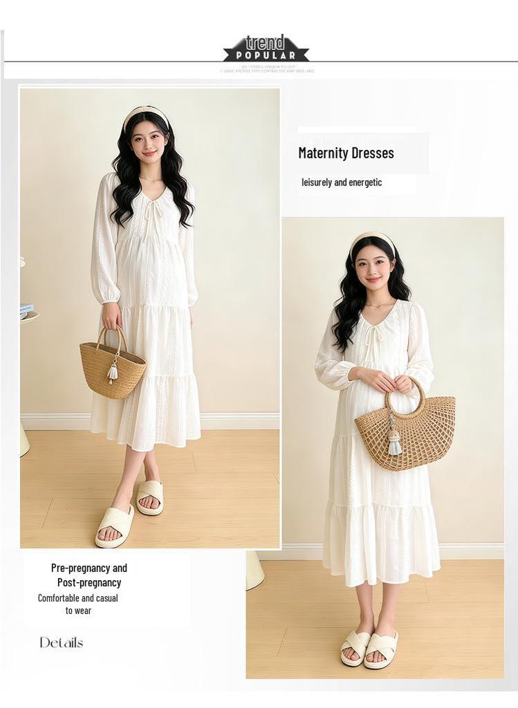 Spring 2026 Korean Maternity Fashion: Simple, Loose-Fit, Embroidered Long-Sleeve Dress, Plus Size