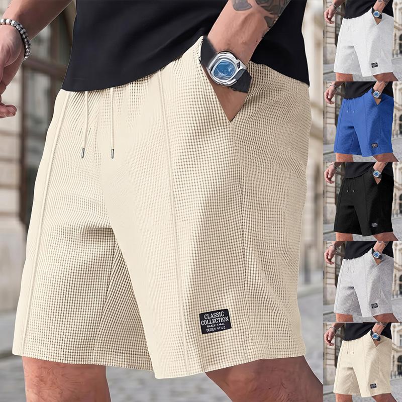 Men Casual Waffle Drawstring Elastic Waist Loose Beach Knee Length Shorts