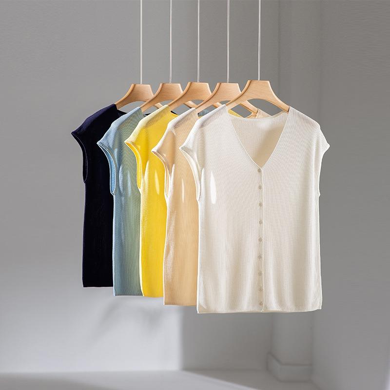 Summer Light Oxygen Series Tencel Acetic Acid Sleeveless Neck Knitted Cardigan Women's Skin-friendly and Breathable Short Sleeve Thin Inside