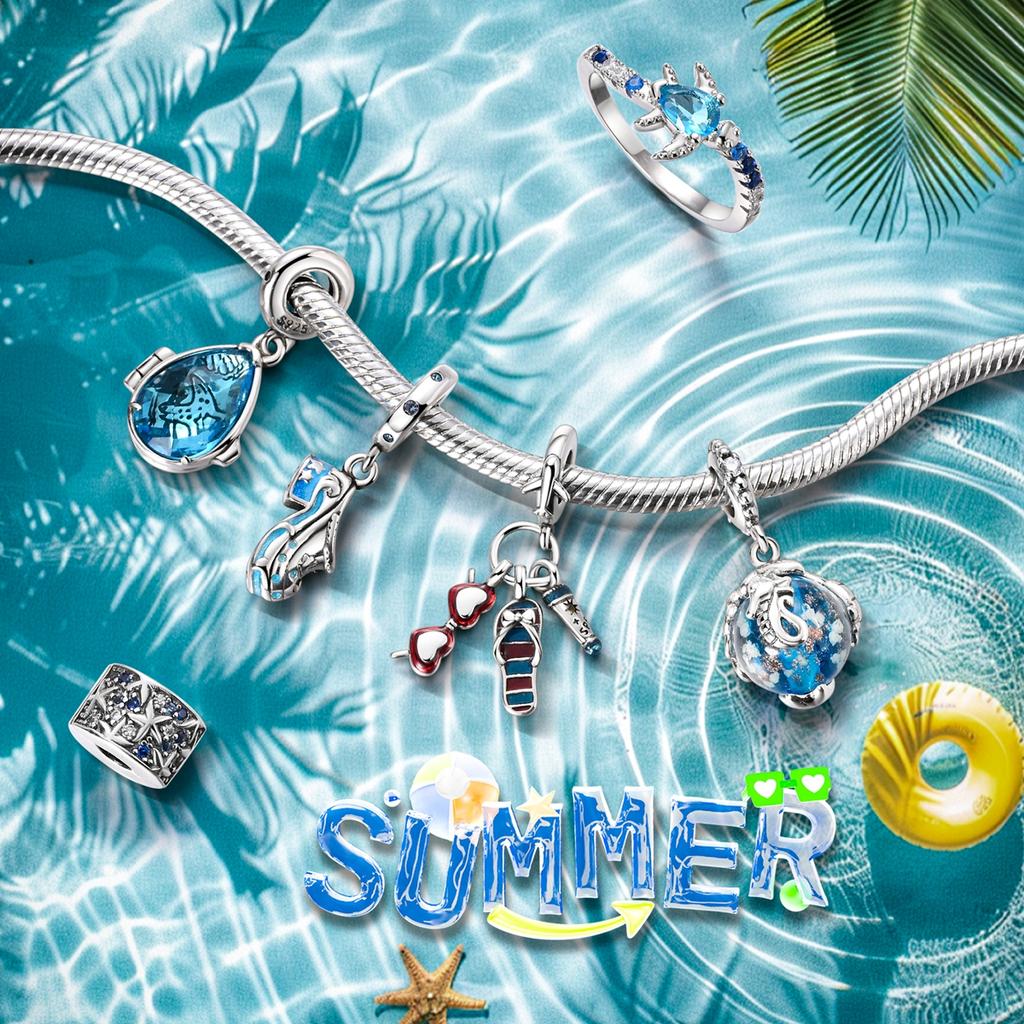 New Summer Copper Charms Beads Pendants Ocean Turtle Beach Fruit Shell Blue Charm Diy Women Bracelet Jewelry Gift