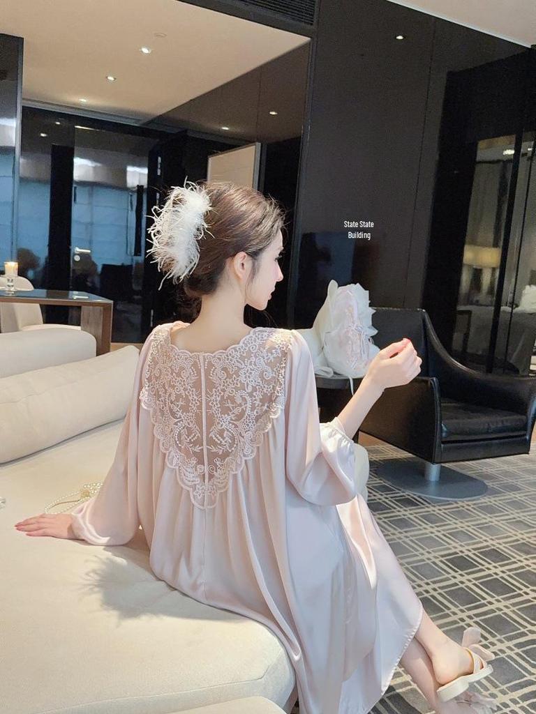2026 Ice Silk Long Sleeve Nightgown for Women - Plus Size, Sexy French Style