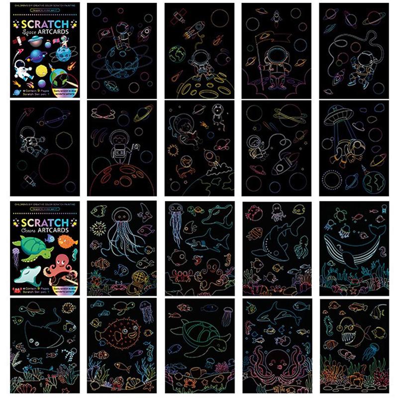 18 PCS Scratch Painting Papers Magic Rainbow Colored Drawing Set Space Animal Ocean Pirate Bamboo Stick Gifts for Boys Girls ZYF