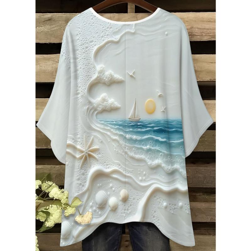 Seaview Sailing Women's Large Size Short-sleeved T-shirt, Irregular Hem Design, Digitally Printed Four-season T-shirt Holiday Literary Style