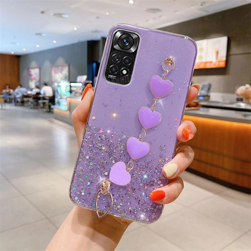 

Note11s, блестящий чехол с цепочкой на запястье с изображением сердца для Xiaomi Redmi Note 11 Pro 4g 5g 11pro Plus 10 10s 9 9s, силиконовый чехол для браслета RedmiNote11ProPlus5g