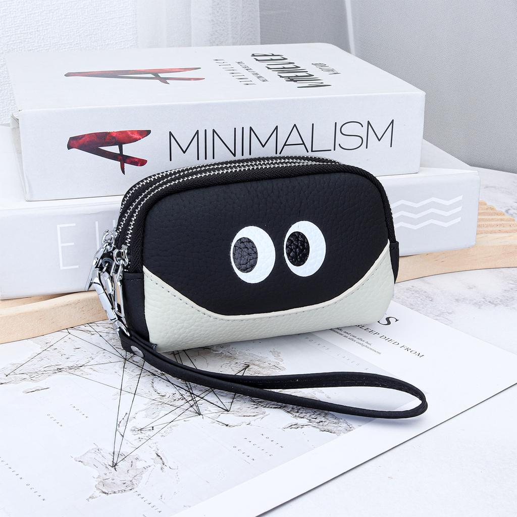 Porte-monnaie amusant à 3 fermetures éclair avec yeux de dessin animé - Mini portefeuille en cuir véritable avec dragonne, Pochette à monnaie portable pour pièces, clés et cartes