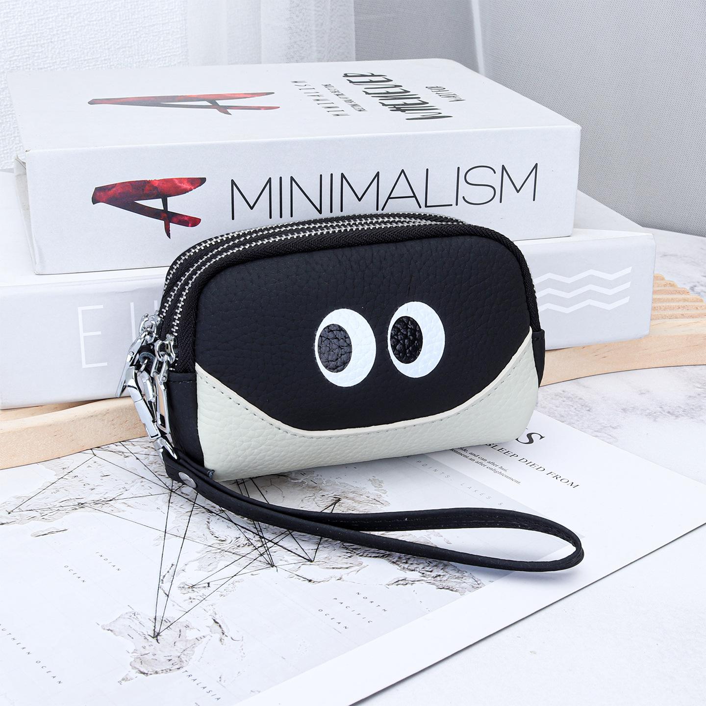 

Fun 3-Zip Cartoon Eyes Coin Purse - Genuine Leather Mini Wallet with Wrist Strap, Portable Change Pouch for Coins,Keys & Cards чёрный