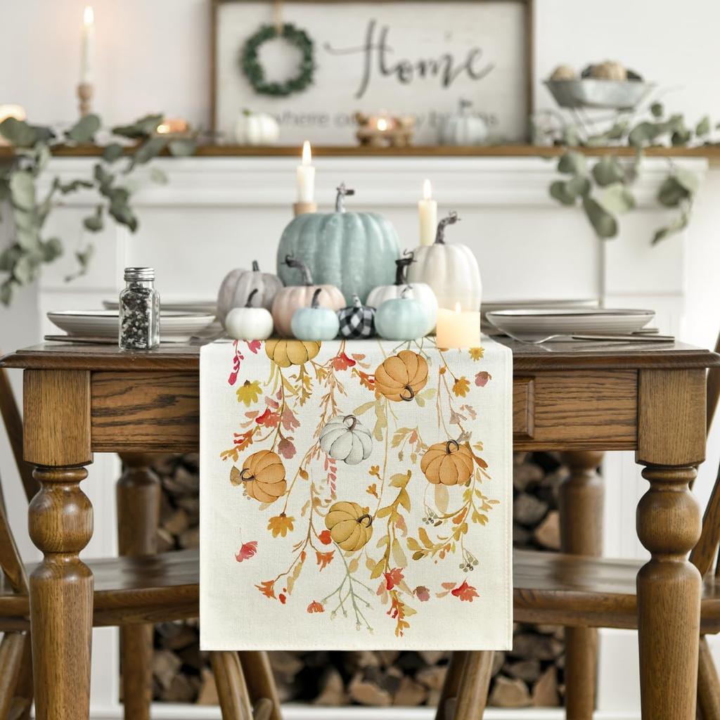 Artoid Mode Wildflowers Bloom Floral Pumpkin Leaves 210 GSM Fall Table Runner, Seasonal Autumn Kitchen Dining Table Decoration for Home Party Decor