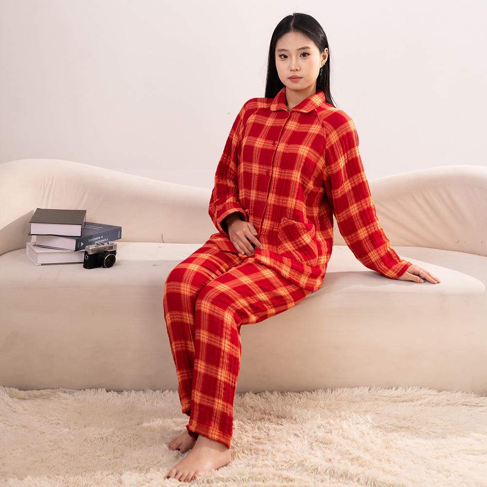 Шестислойный хлопковый муслиновый пижамный комплект для пар - Весенний стиль, повседневная одежда для мужчин и женщин Women XL