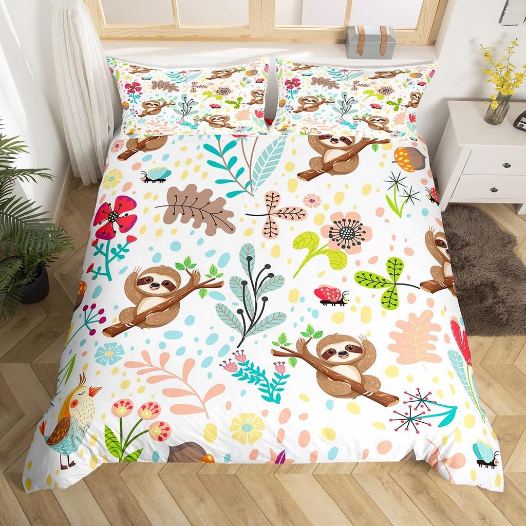 Sloth Bedding Set Kawaii Animals Comforter Cover For Boys Girls Teens,Botancial Flowers Duvet Cover Cartoon Wildlife Quilt Cover