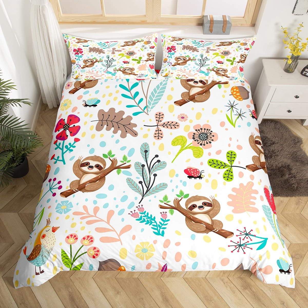 

Comforter Sloth Bedding Set Kawaii Animals Comforter For Boys Girls Teensbotancial Flowers Cartoon Wildlife Comforter (quilt)-EU Single(135*200cm)3pcs