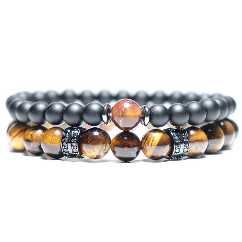 Fashion 2Pcs Men Bracelet Set Natural Tiger eye Beads Stone Braslet Luxury Zirconia Wrap Braclet Leisure Accessories Pulseria