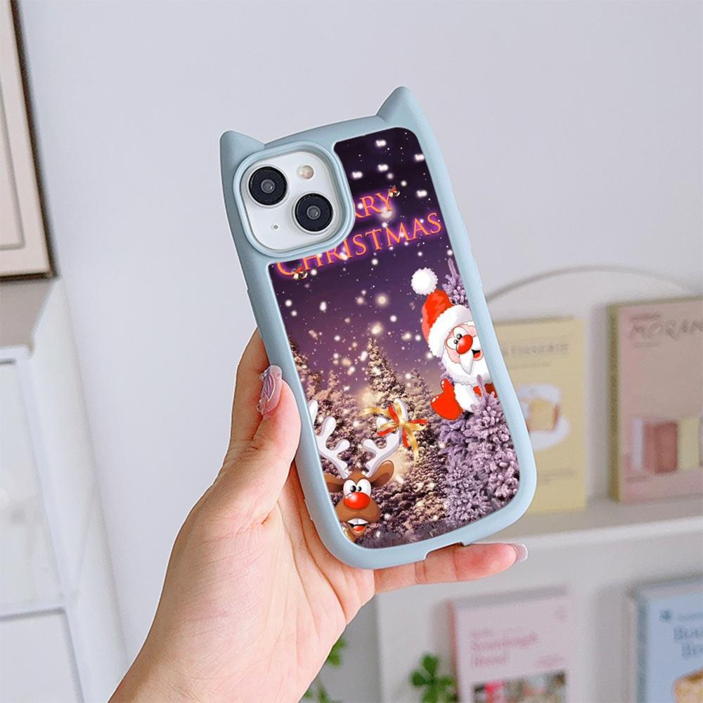 Cat Ear Soft Phone Case for iPhone 16 15 14 13 12 11 Pro Max Plus XR TPU Anti-Drop Transparent Acrylic Back Cover NY29 Merry Christmas Christmas tree