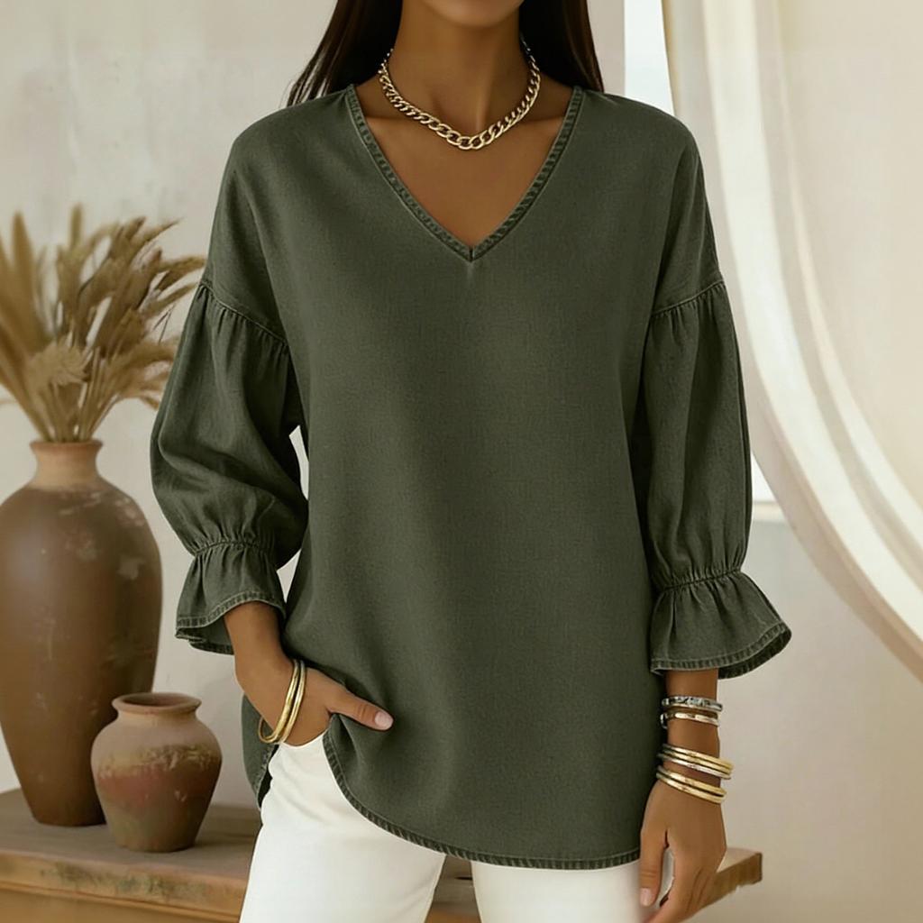 Women's -color Casual Nine-quarter Sleeve Retro V-neck Shirt