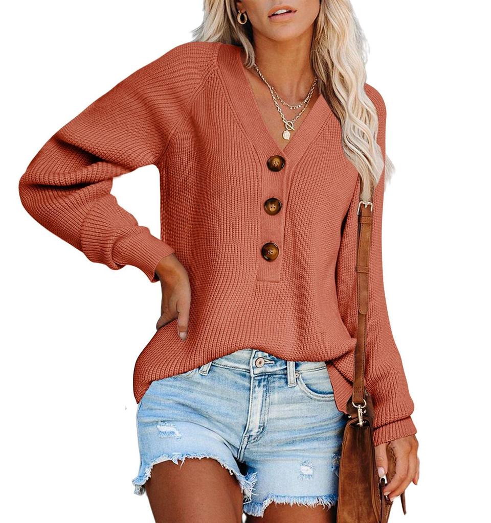 Autumn Winter Women's Button Front Knitted Pullover V Neck Sweater Long Sleeved Knitwear Luxurious Relaxed-fit Slimming and Versatile Top