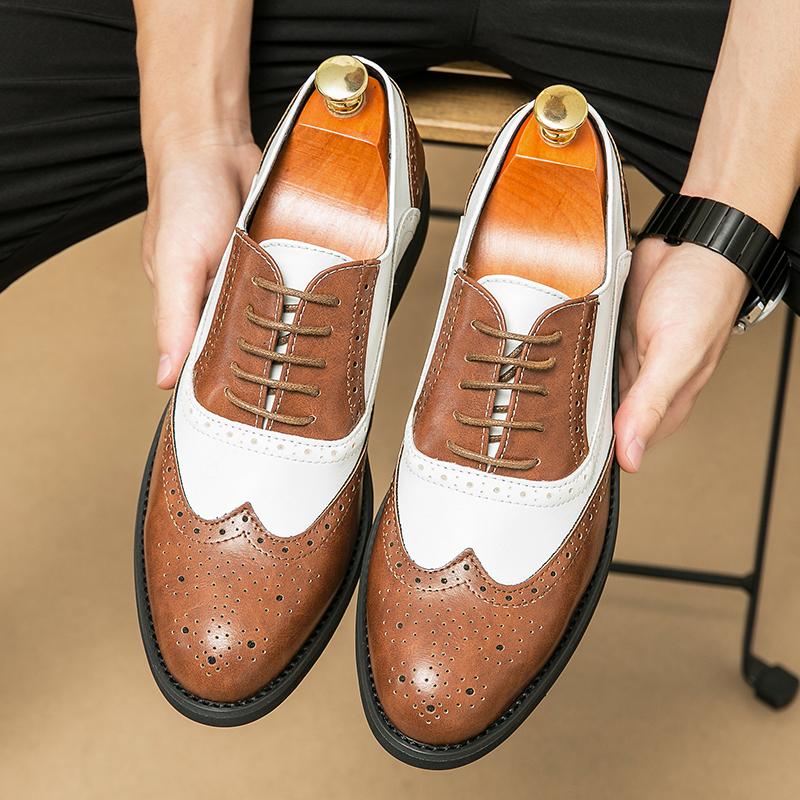 Men White Brogues Derbys Formal Business Leather Shoes Men Retro Black Tuxedo Wedding Classic Dress Shoes Over Sized