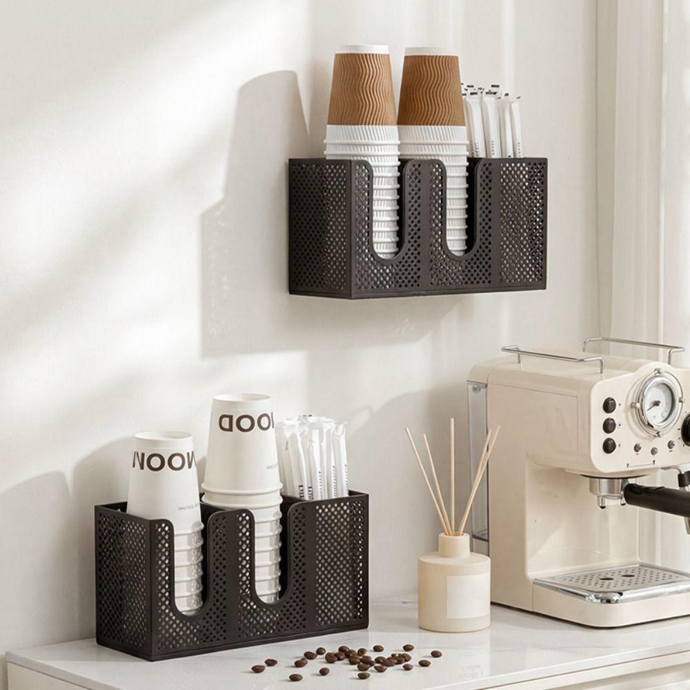Wall Mounted Paper Cup Holder 3 Compartments Straw Organizer Coffee Cup Dispenser Breakroom