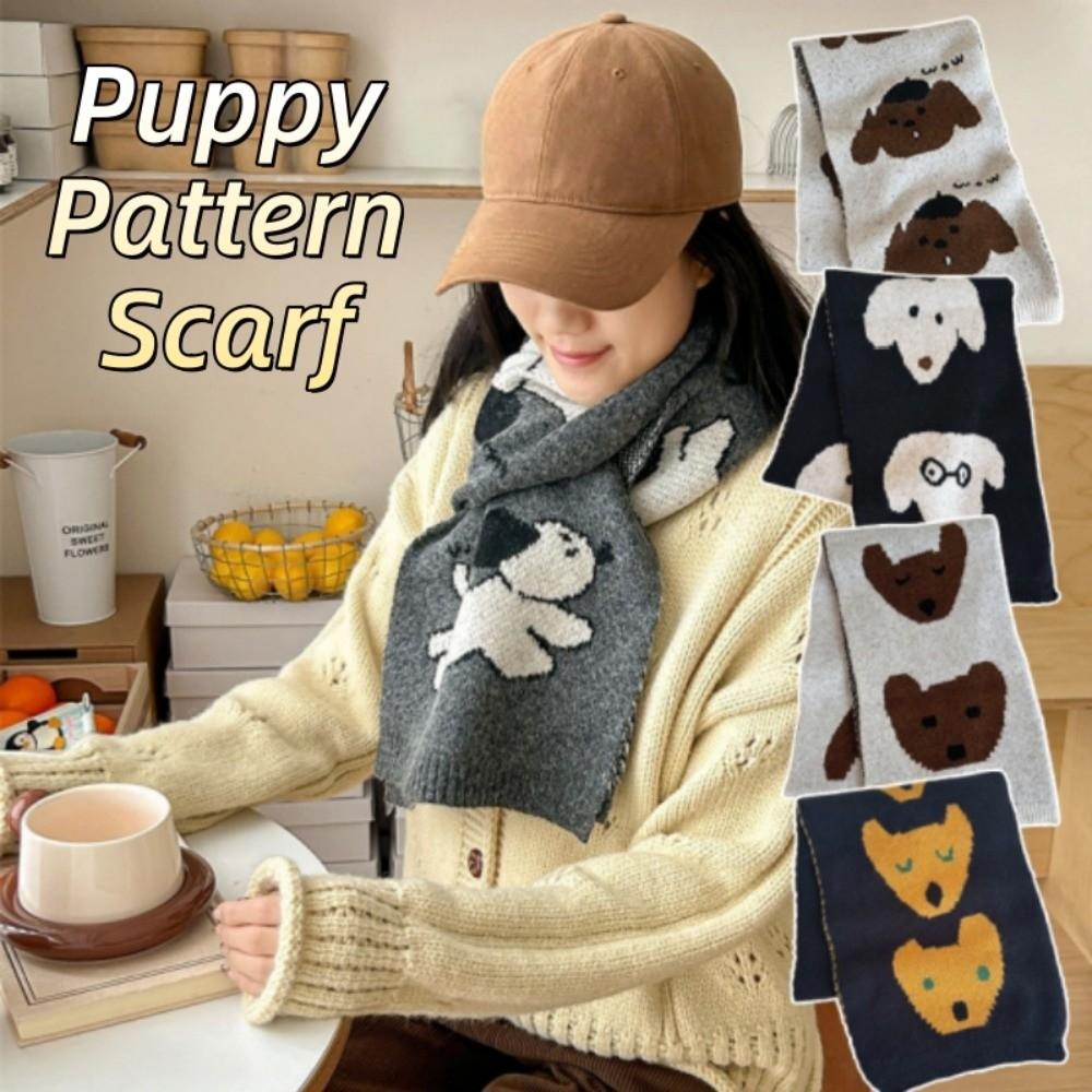 Korean Style Cashmere Blend Scarf Lightweight Knitted Shawl Fashion Puppy Pattern Scarf Gift