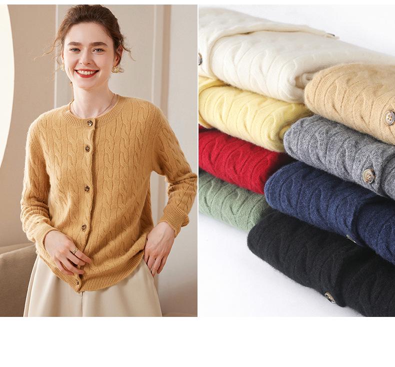 Women's 100% Pure Cashmere Round Neck Cable Knit Cardigan Sweater