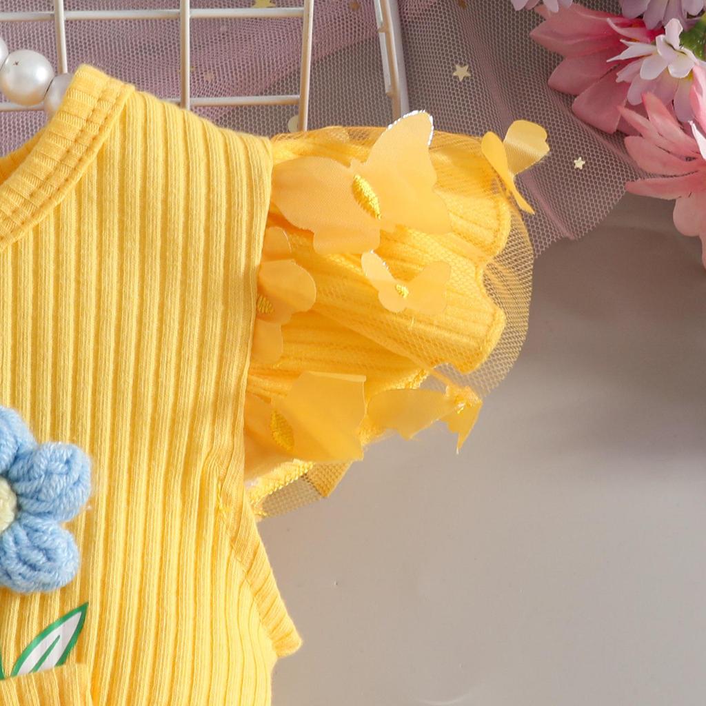 2026 Sommer Florales Baby-Kleid mit Puffärmeln & Geripptes Body-Set mit Haarreif & Schmetterlingsrock