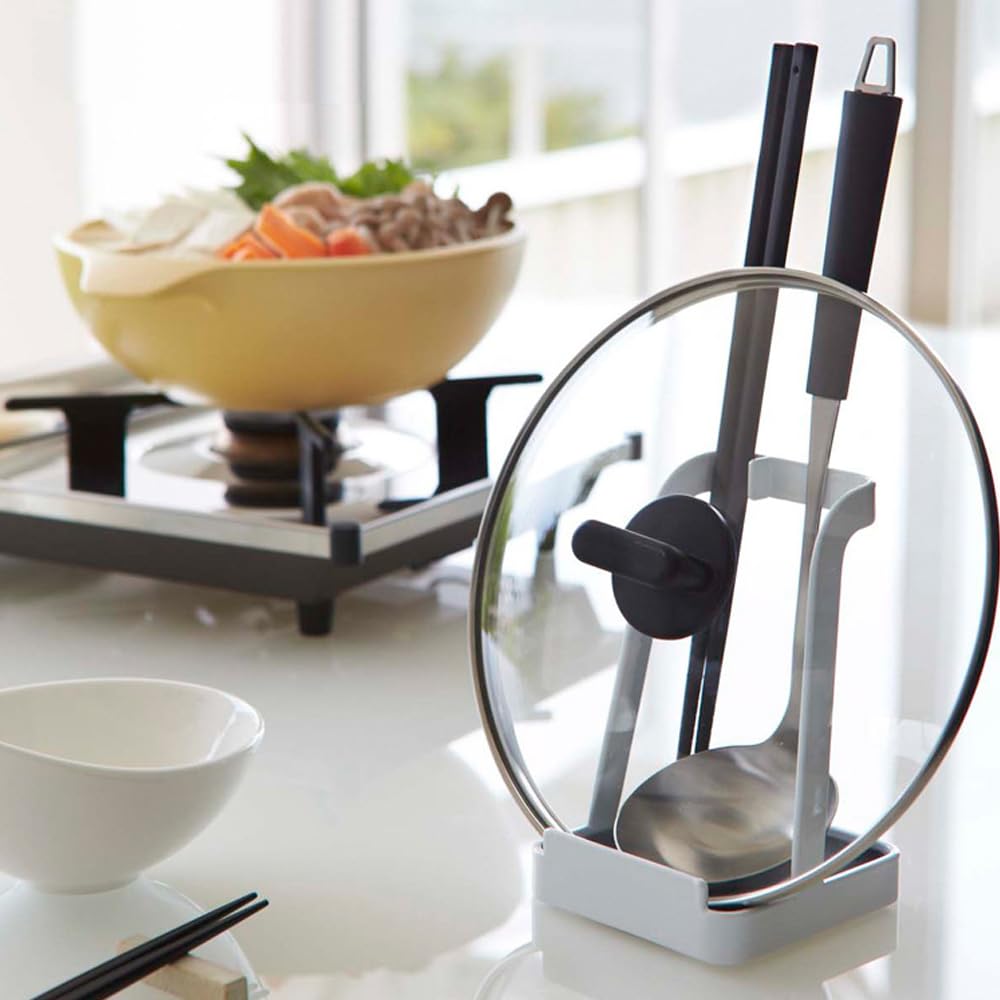 Ladle Pot Lid W10 x D10 x Tower Includes a ladle pot lid and draining tray for and rice & Stand, White, Approx. H15cm, Series. holder, holder, stand,