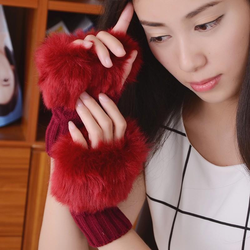 Frauen Herbst Winter Warm Halten Plüsch Gestrickte Wolle Spleißen Halbe Finger Handschuhe Nette Schöne Sweety Glatte Weiche Schreiben Stick