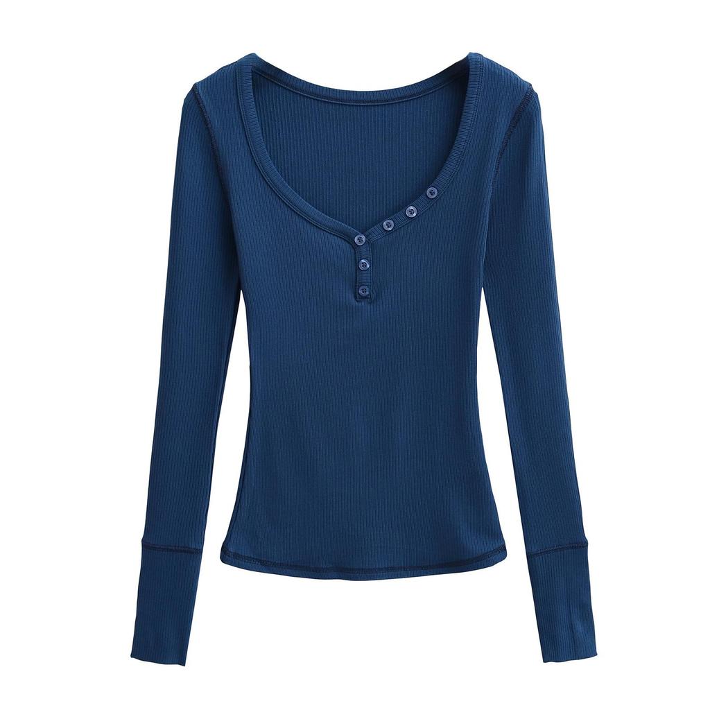 Spicy Girl Ribbed Peach V-neck Buttoned Slimming Long-sleeve T-shirt for Women - Spring 2025 Collection