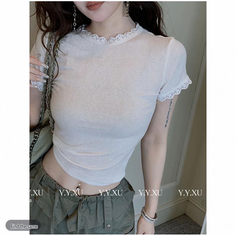 American White Lace-Trim Round Neck T-shirt Medium