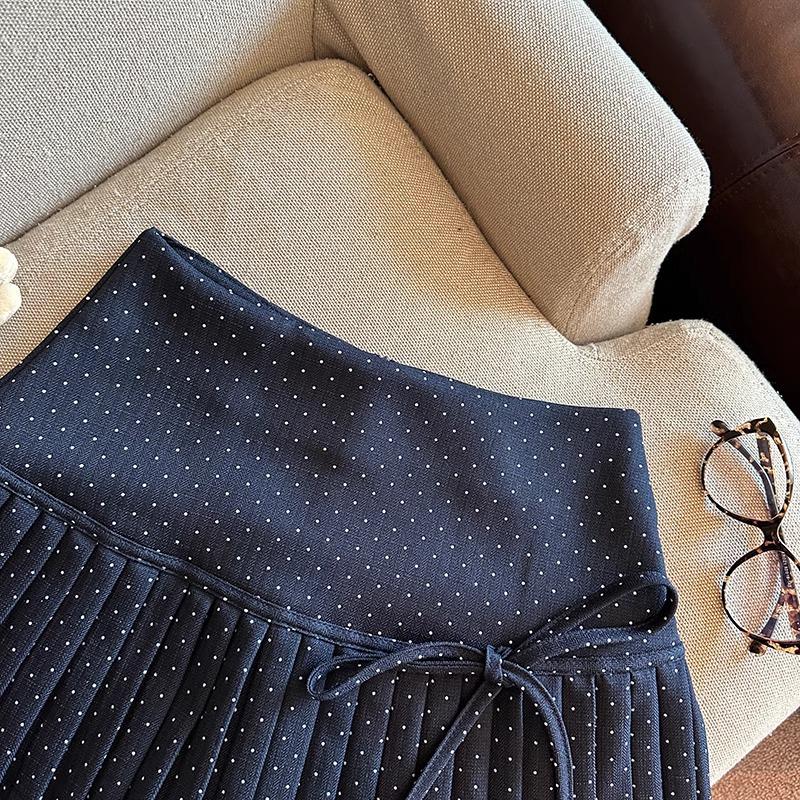 Women's Polka Dot A-Line Pleated Skirt with Bow Tie - Petite Christmas Red