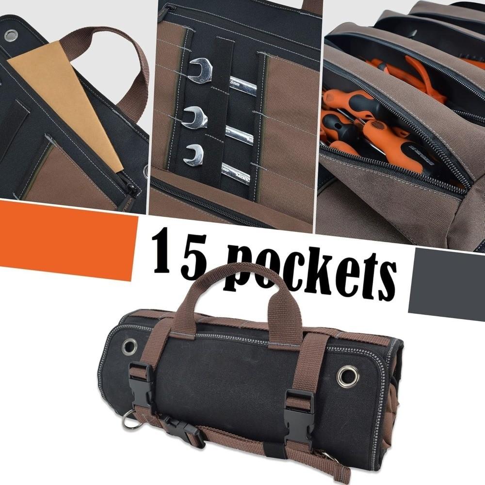 Waxed Canvas Tool Roll Up Bag 15 Pockets Canvas Tool Organizer Heavy Duty Tool Roll  Repair Work