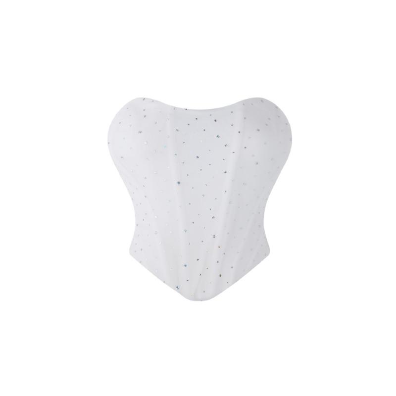 Top Corsetto Senza Spalline in Rete Nera con Strass, Vita Arricciata, Bustier Steccato per Donna