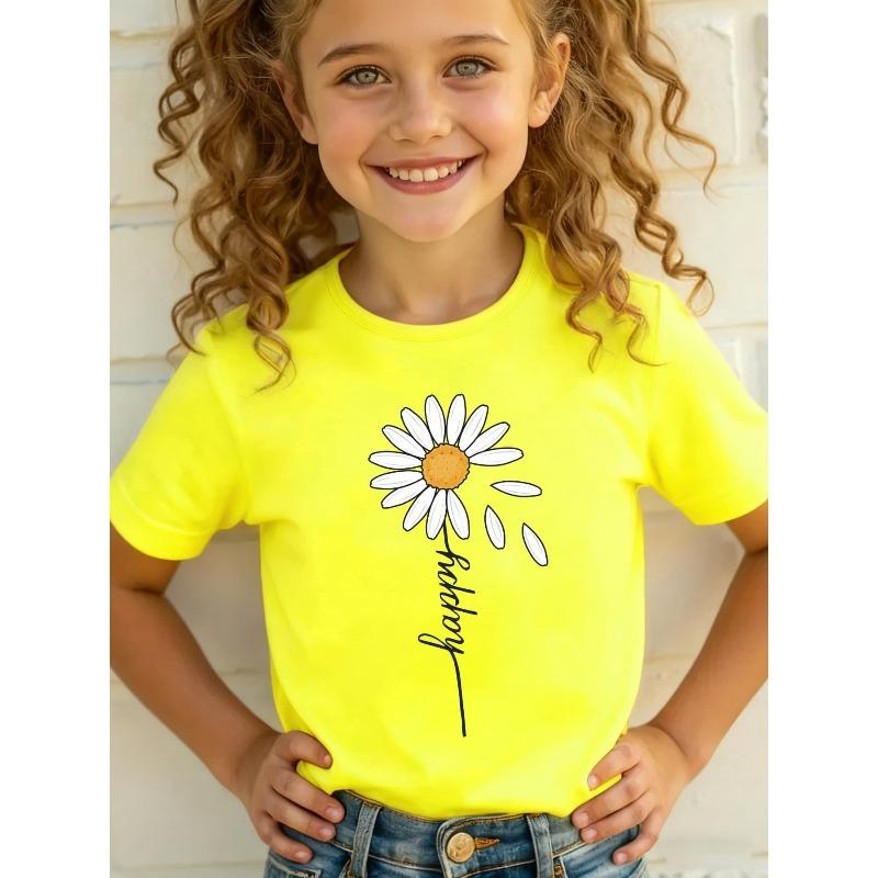 Summer Fashion Girls' Short Sleeve T-Shirt HAPPY Daisy Flower Cartoon Print Casual Versatile Top