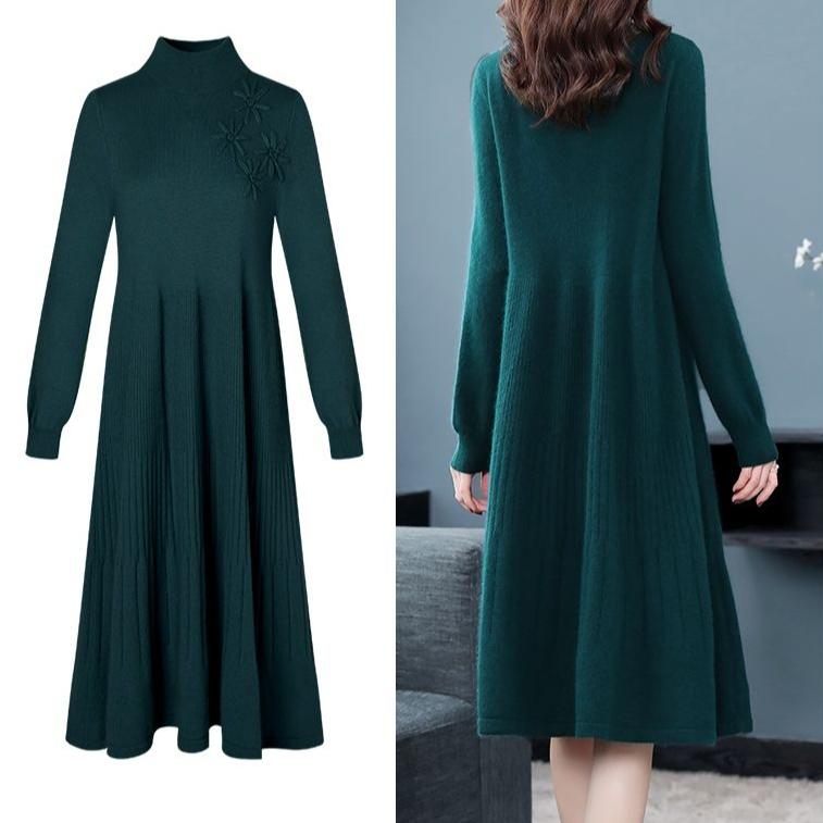 Mid-length Knitted Dress for Women Autumn and Winter Fashionable Embroidered Sweater Dress Solid Color Half Turtleneck Pullover