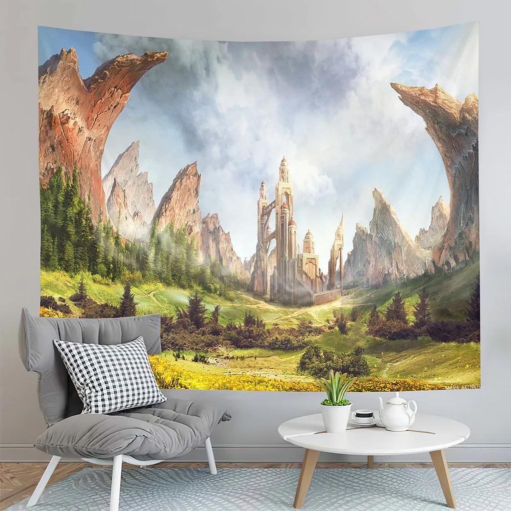 Fantasy Cartoon Castle Tapestry Seaside Reef Tapestry Land and Ocean Tapestry Living Room Dorm Bedroom Decoration Tapestries